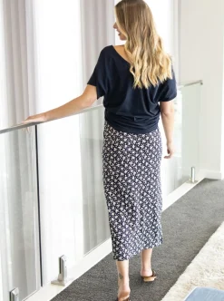 Fitted Maternity Maxi Skirt in Blue With Small White Leaf Print