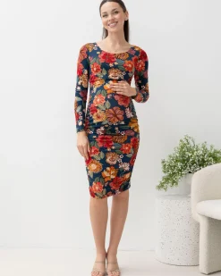 Flora Long Sleeve Red Floral Print Maternity Bodycon Dress