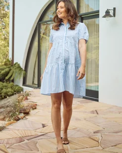 Freya Maternity Tiered Cotton Shirt Dress In Blue Stripe