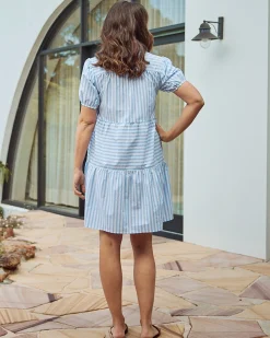 Freya Maternity Tiered Cotton Shirt Dress In Blue Stripe