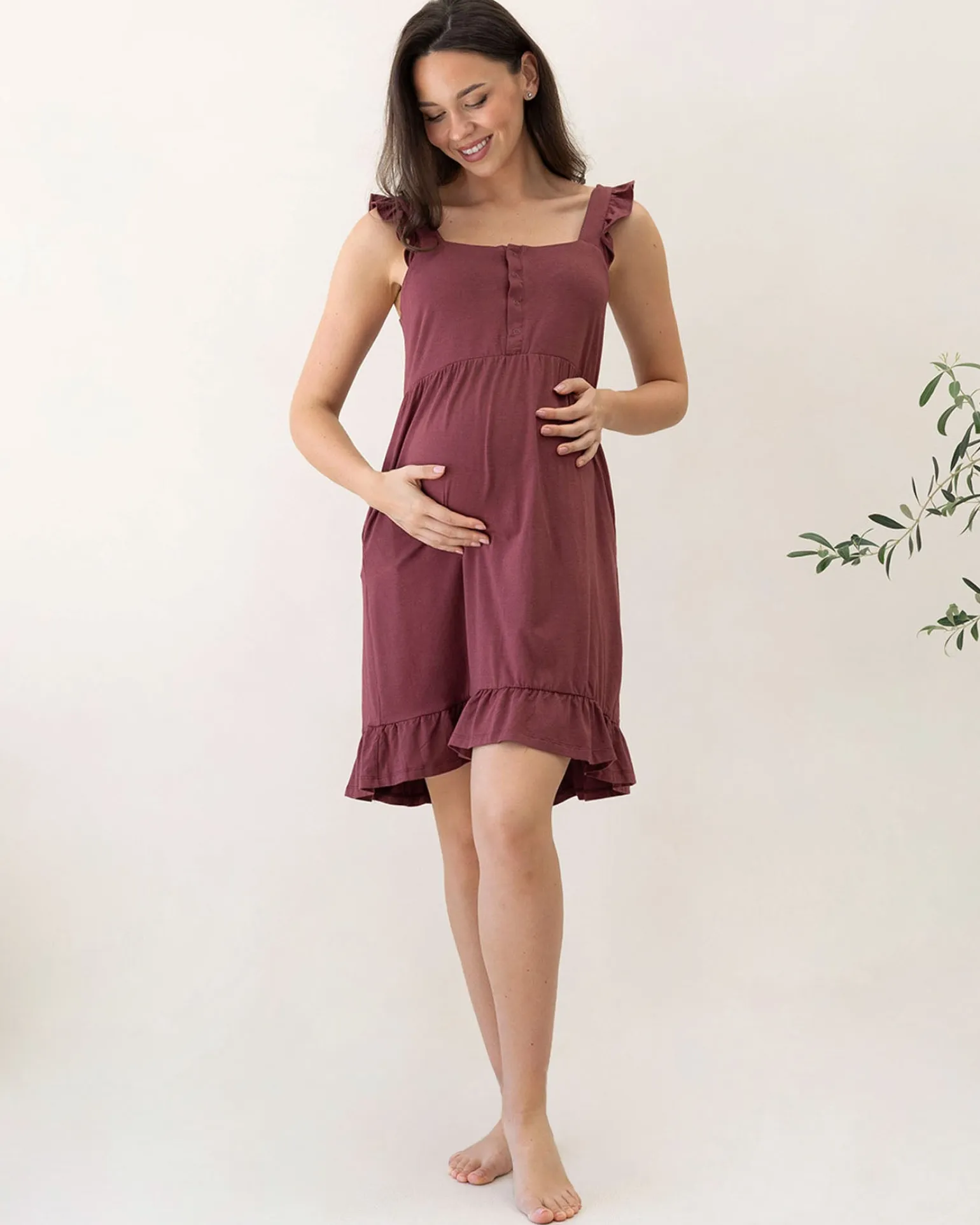 Grace Hospital Birthing Gown/Night Dress with Nursing Access - Burgundy Red
