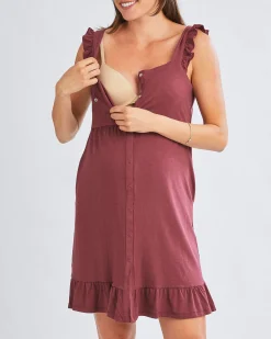 Grace Hospital Birthing Gown/Night Dress with Nursing Access - Burgundy Red