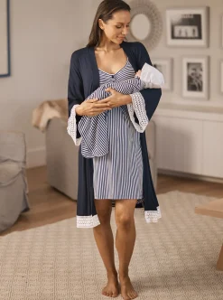 Hospital Pack: Maternity Robe + Nightie + Free Baby Blanket Wrap - Navy