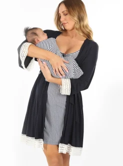 Hospital Pack: Maternity Robe + Nightie + Free Baby Blanket Wrap - Navy