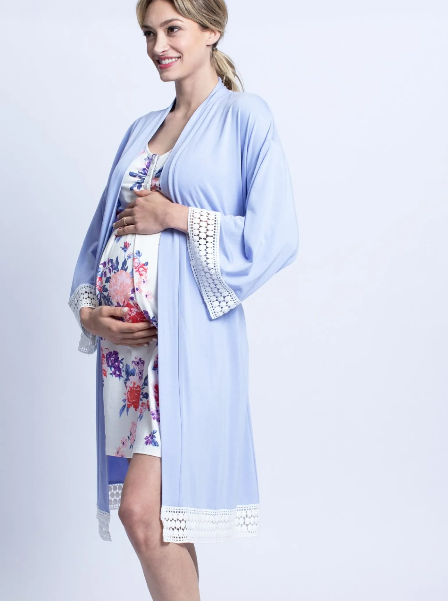 Hospital Pack: Nursing Dress + Robe + Free Baby Pouch - Blue & Pink