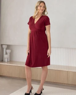 Iris Maternity Crossover Jersey Work Dress in Burgundy