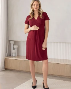 Iris Maternity Crossover Jersey Work Dress in Burgundy