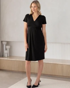 Iris Maternity Crossover Neckline Tie Back Jersey Work Dress in Black