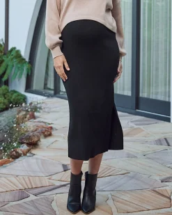 Jade Knitted Maternity Maxi Skirt with Side Split in Black