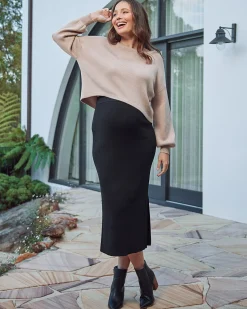 Jade Knitted Maternity Maxi Skirt with Side Split in Black