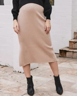 Jade Wool Blend Knit Maternity Side Split Skirt - Beige