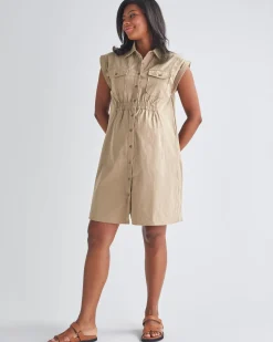 Kaya Maternity Safari Shirt Dress In Beige