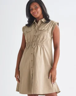 Kaya Maternity Safari Shirt Dress In Beige