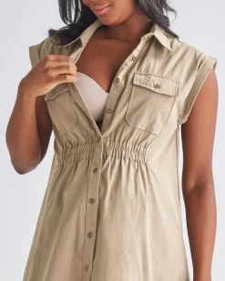 Kaya Maternity Safari Shirt Dress In Beige
