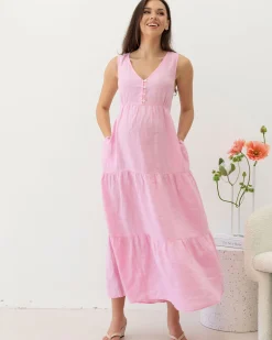 Kiara Linen Maternity Maxi Dress in Pink