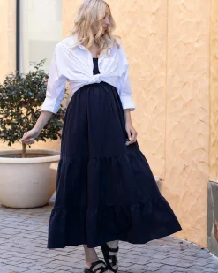 Lilliana Maternity Maxi Linen Dress In Navy