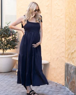 Lilliana Maternity Maxi Linen Dress In Navy
