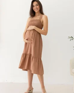 Lily Maternity Summer Shirred dress in Terracotta