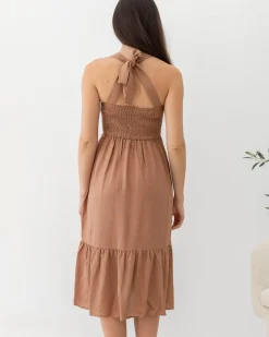 Lily Maternity Summer Shirred dress in Terracotta