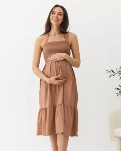 Lily Maternity Summer Shirred dress in Terracotta