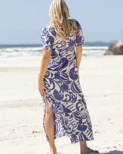Lina Palm Leaf Maternity Dress In Ocean Blue