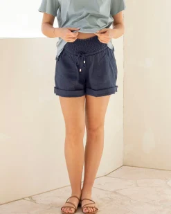 Linen Maternity Shorts in Navy