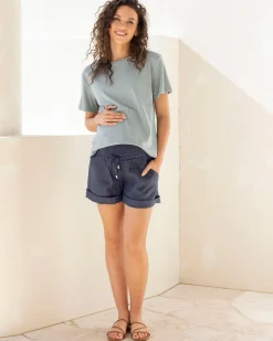 Linen Maternity Shorts in Navy