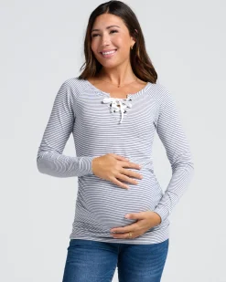 Long Sleeve Nursing Top - Navy & White Stripes