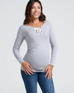 Long Sleeve Nursing Top - Navy & White Stripes