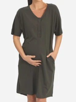 Mama Hospital Nightie, knee Length with Baby Pouch in Olive Green