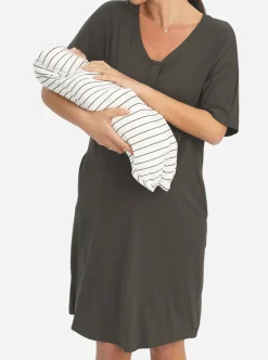 Mama Hospital Nightie, knee Length with Baby Pouch in Olive Green