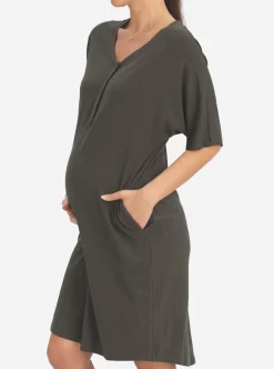 Mama Hospital Nightie, knee Length with Baby Pouch in Olive Green