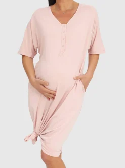 Mama Hospital Nightie, Long Length with Baby Pouch in Pink
