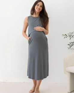 Manon Maternity & Breastfeeding Midi Dress in Slate Grey