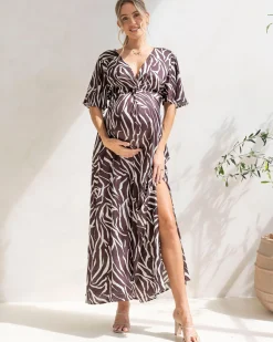 Margaux Maternity Evening Maxi Dress in Chocolate Zebra Print