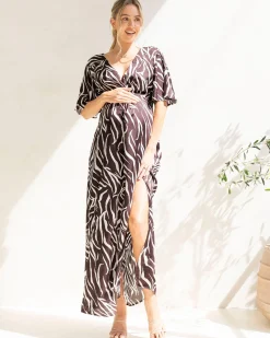 Margaux Maternity Evening Maxi Dress in Chocolate Zebra Print