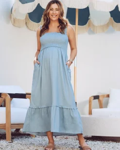 Margot Maternity Shirred Dress in Light Blue