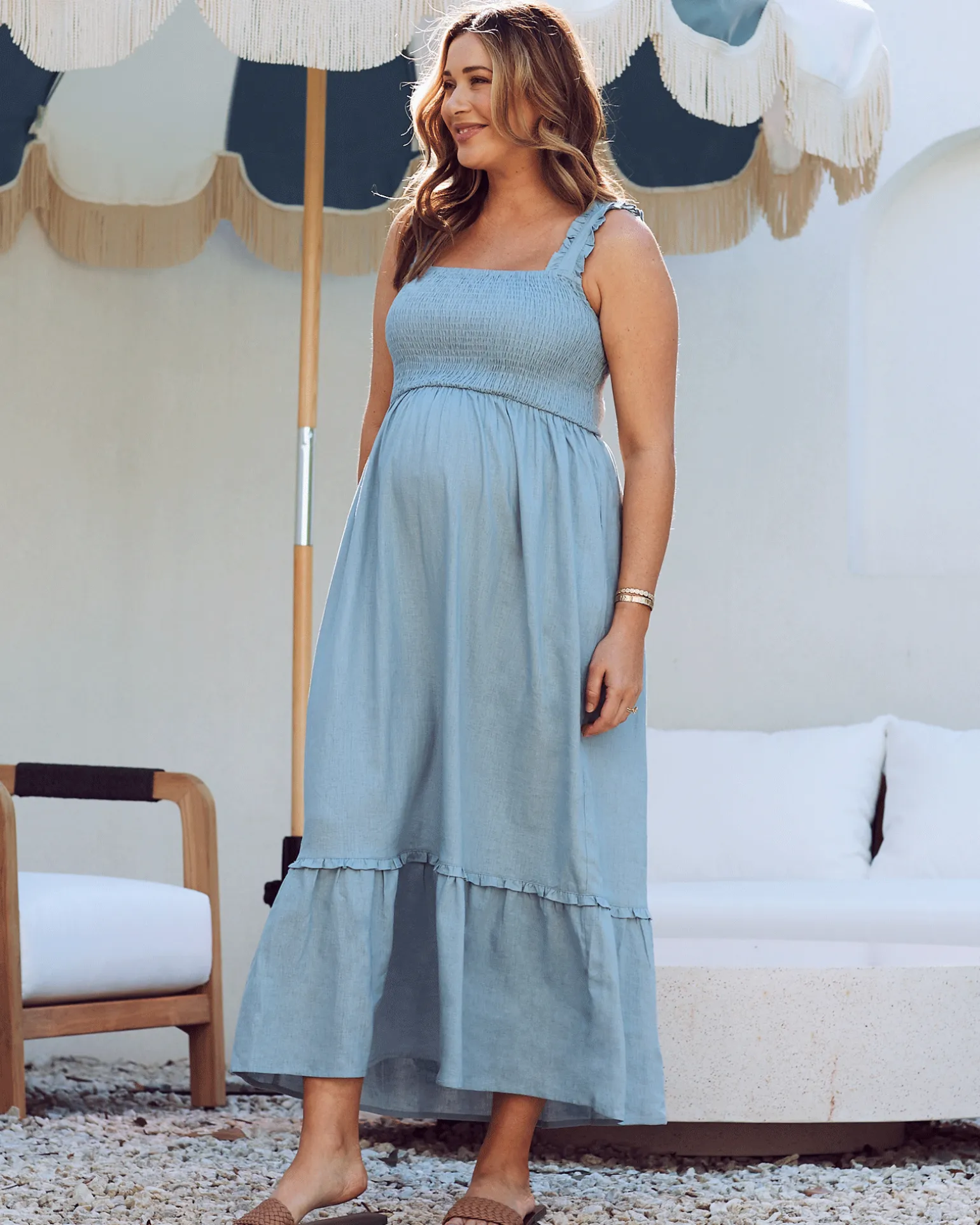 Margot Maternity Shirred Dress in Light Blue
