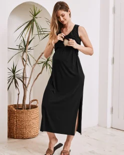 Martina Maternity & Nursing Black Sleeveless Bamboo Maxi Dress