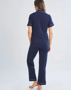 Maternity and Nursing Button Front Pajama Set in Navy