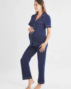 Maternity and Nursing Button Front Pajama Set in Navy
