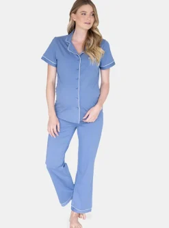 Maternity and Nursing Long Pant Pajama Set in Blue