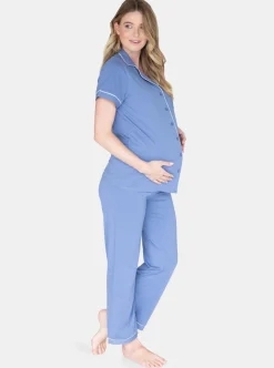 Maternity and Nursing Long Pant Pajama Set in Blue