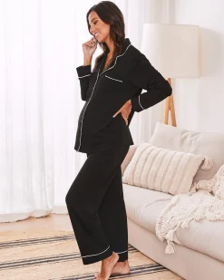 Maternity and Nursing Long Sleeve Pajama Set in Black