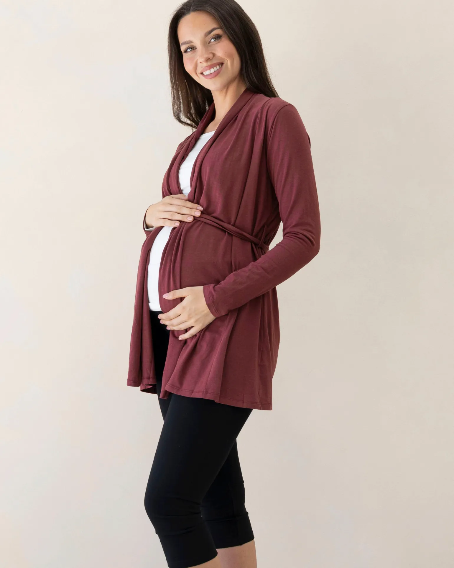 Maternity Cardigan With Removable Belt in Burgundy