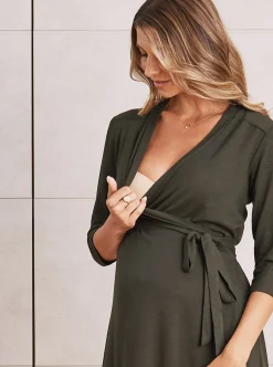 Maternity Classic Wrap Feeding Dress in Olive Green