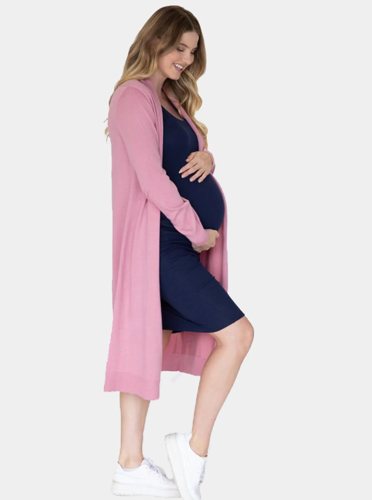 Maternity Long Knit Wool Blend Cardigan - Pink