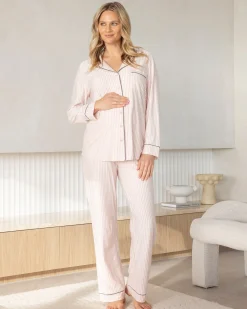 Maternity Long Sleeve Pyjama Set in Pink Stripe