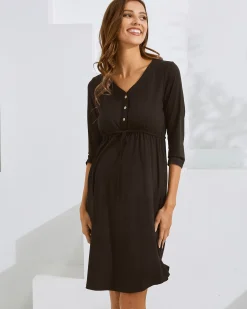 Maternity & Nursing Button Drawstring Dress in Black