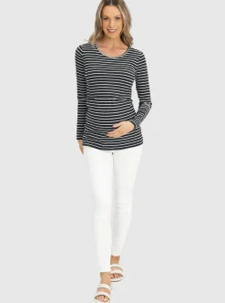 Maternity & Nursing Long Sleeve Top in Black/Grey Stripe